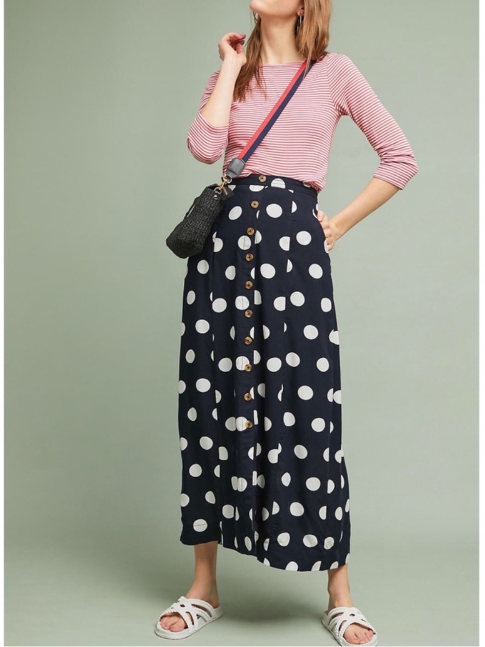 Anthropologie Navy and White Polka Dot Button-Front Maxi Skirt